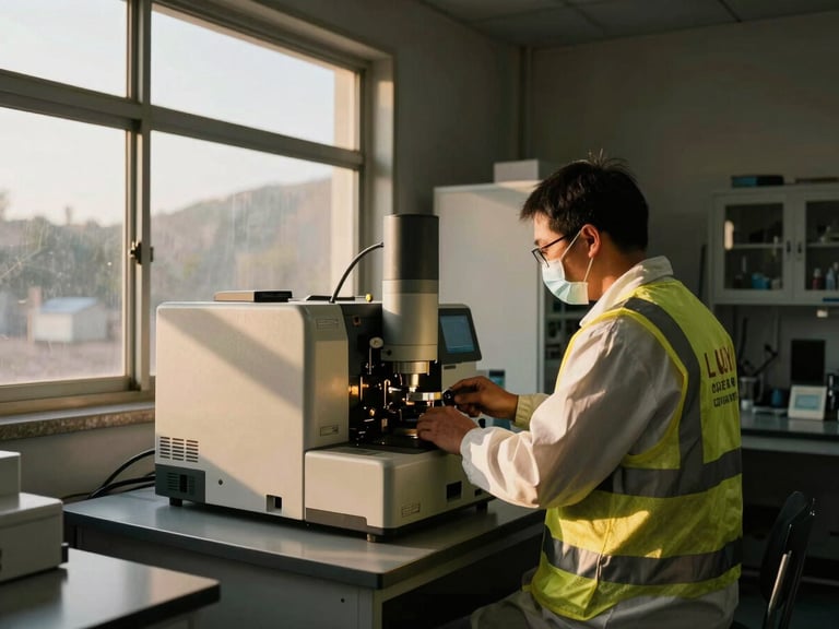 A professional lab technician in high-visibility gear operating a spectrometer in a modern mining laboratory, harsh natural window light, clinical precision.