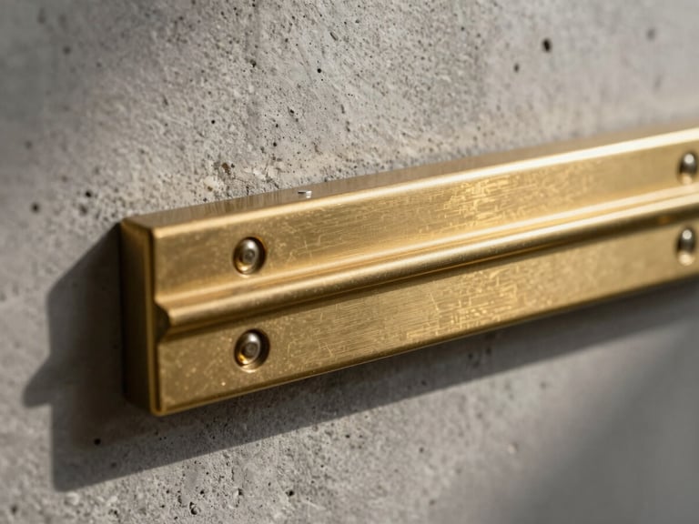 Extreme close-up of a milled solid brass sliding door track mounted on a raw concrete wall, dramatic side-lit architectural shadows, sharp metallic grain.