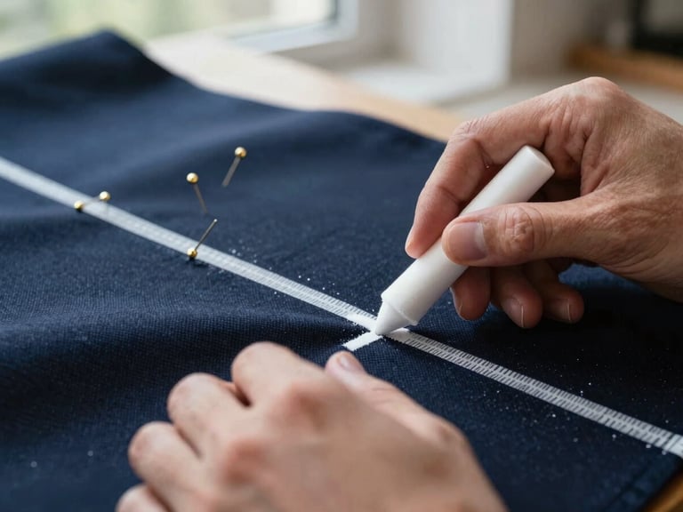 Macro close-up of tailor's hands marking a dark navy wool fabric with white tailor's chalk, bright natural side light from a workshop window, shallow depth of field, brass pins visible in the background.