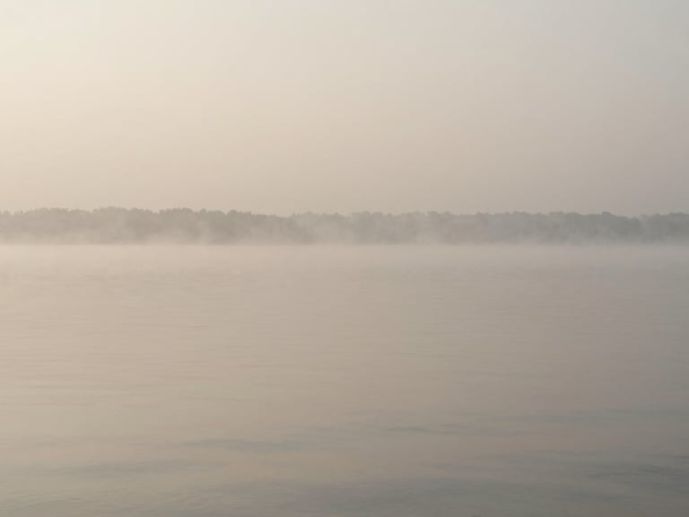 Wide panoramic view of a silent foggy lake at dawn, soft desaturated sage water, misty horizon, minimalist editorial photography, soft diffused daylight