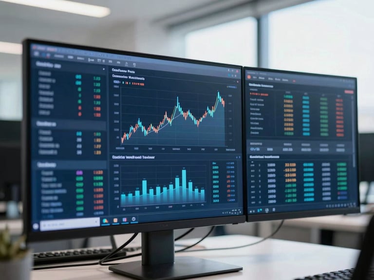 Modern corporate workspace, close-up of a digital dashboard displaying financial charts and data, bright natural daylight, deep blues and cool tones, sharp focus, 35mm lens