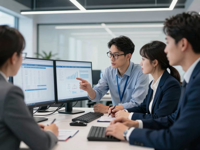 Collaborative financial planning session, professionals analyzing data on screens, modern office interior, cool-toned lighting, sharp focus, 35mm lens
