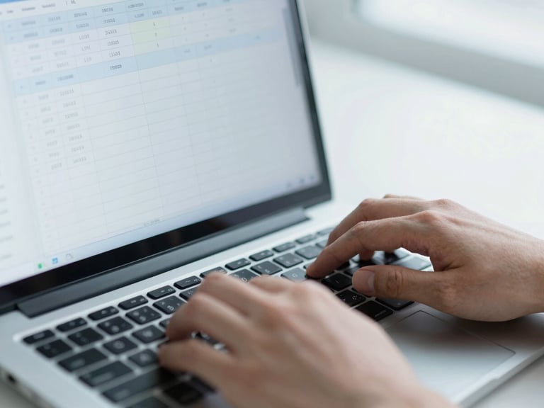 Close-up of hands typing on a keyboard, screen showing structured spreadsheets and clean code, soft cool daylight.