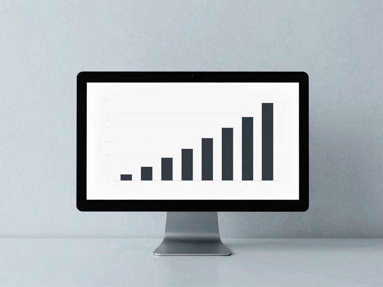 Minimalist clean workspace with a monitor displaying a simple, high-contrast bar chart, diffused overcast lighting.