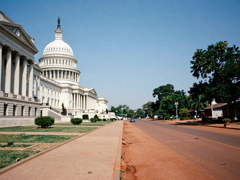 A split composition showing architectural lines of Washington D.C. on the left and the natural red-earth streets of Bouaké on the right, bright daylight, 35mm photography.