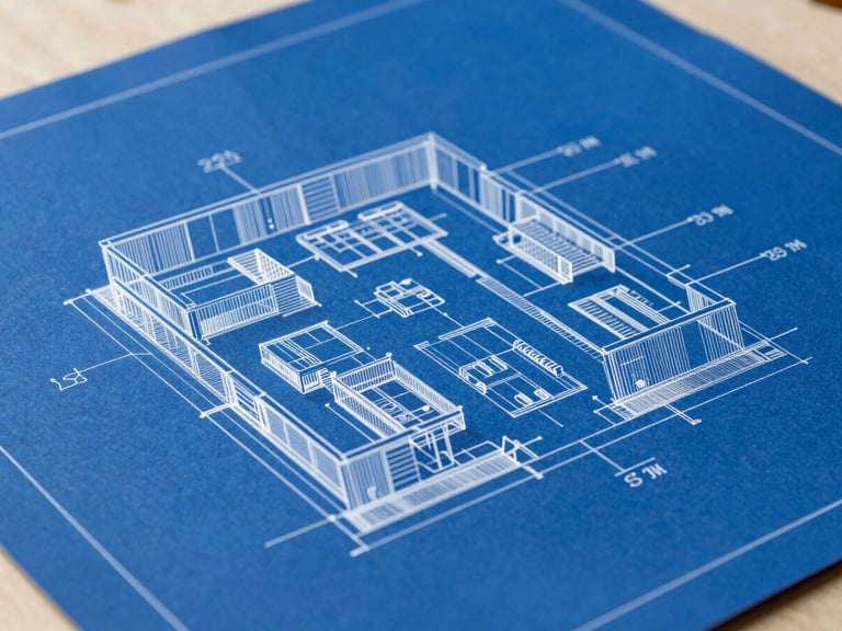 Technical blueprint schematic overlaying a modern architectural floor plan, clean white lines on a deep cobalt blue background, sharp focus, architectural drafting style.