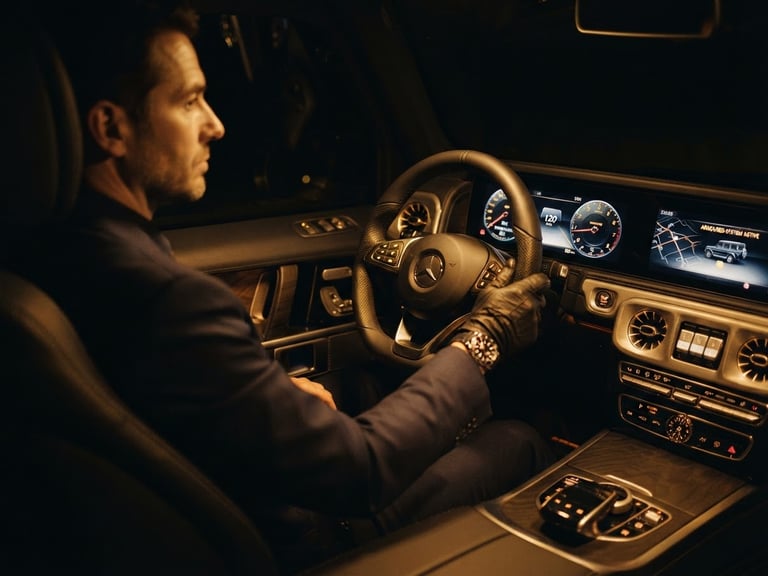 Cinematic close-up of a secure luxury armored vehicle interior at night, soft golden dashboard lights, dark shadows, 35mm film look.