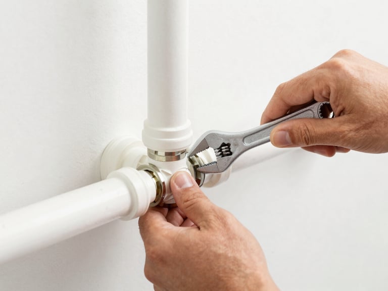 Close-up of professional plumber hands using a wrench to tighten a pipe joint, bright clean indoor lighting, high contrast
