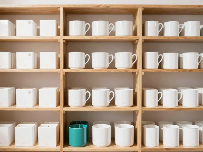 Straight-on architectural retail shot of neatly organized premium goods on wooden shelves, bright natural daylight, high-key product photography, 35mm lens