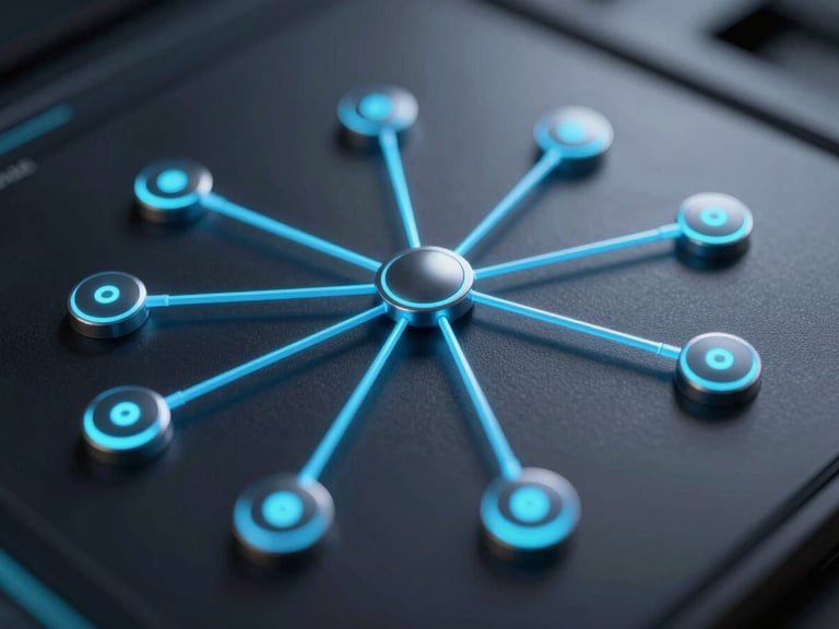 Macro close-up of a high-fidelity dark mode user interface showing complex data nodes, glowing electric blue and cyan connection lines, dark metallic background, sharp focus, studio lighting.