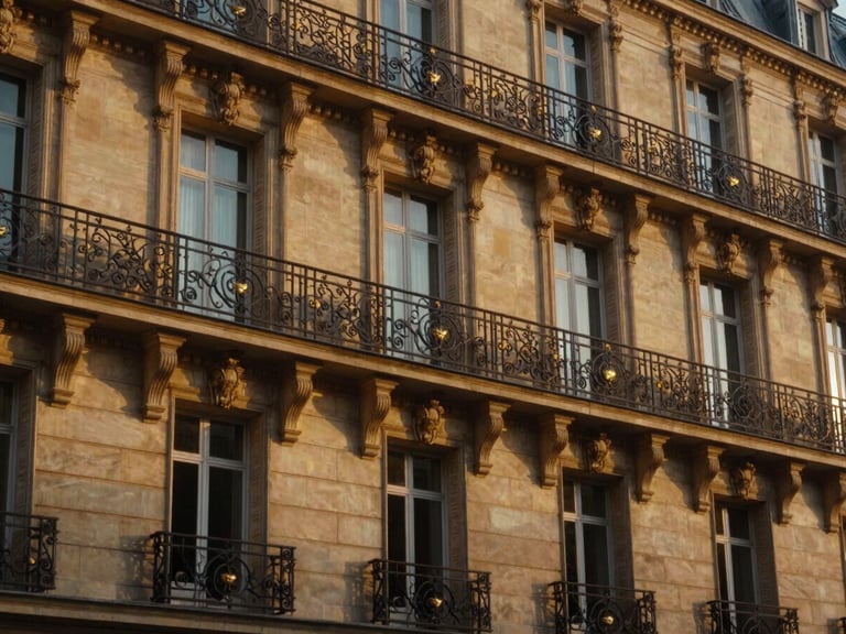 Classic Parisian limestone facade with wrought-iron balconies under a soft golden hour glow, tight architectural crop, cinematic, 35mm