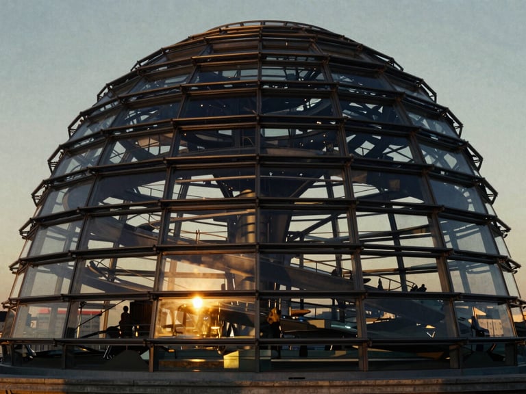 Warm golden-hour sunlight reflecting off the glass dome of the Reichstag building in Berlin, dramatic low-key lighting, 35mm