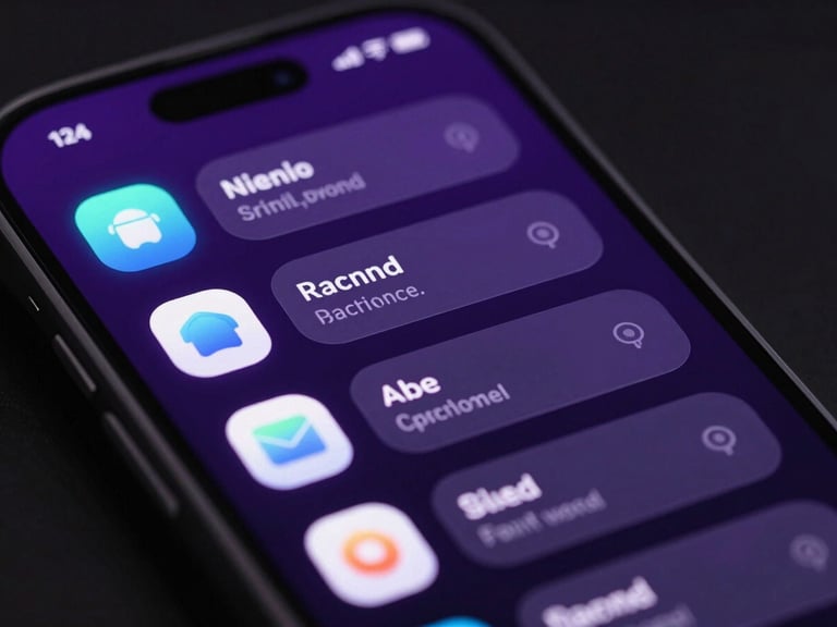 Extreme close-up of an Android phone screen displaying a custom app with smooth, responsive animations and subtle glassmorphic elements, neon violet glow.