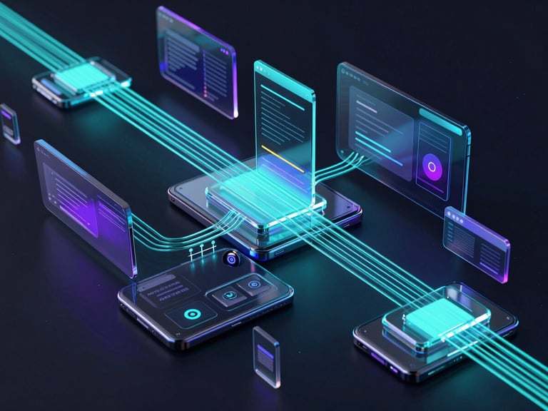 Abstract 3D render of interconnected glassmorphic UI components flowing across multiple simulated Android device screens, glowing cyan lines indicating data flow.