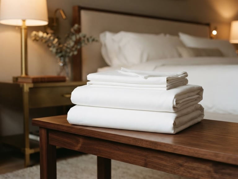 Close-up of premium white hotel bed sheets neatly folded on a dark wooden bench, soft warm indoor lighting, brass accents in background, 35mm photography