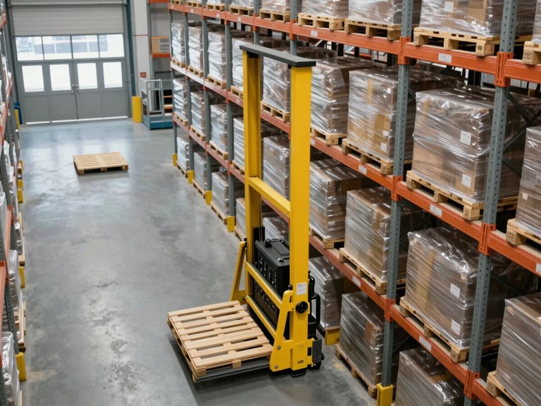 High-angle shot of a modern clean industrial warehouse with high racks, a yellow stacker lifting a pallet in the background, sharp architectural lighting, minimal and professional.