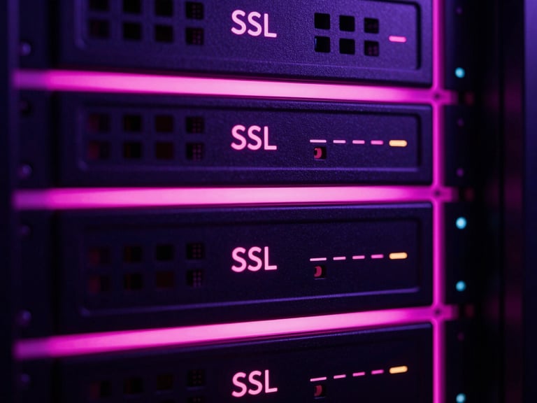 Close-up of a secure server dashboard showing active SSL certificates and network nodes, glowing magenta edge-lights, dark studio lighting, 35mm