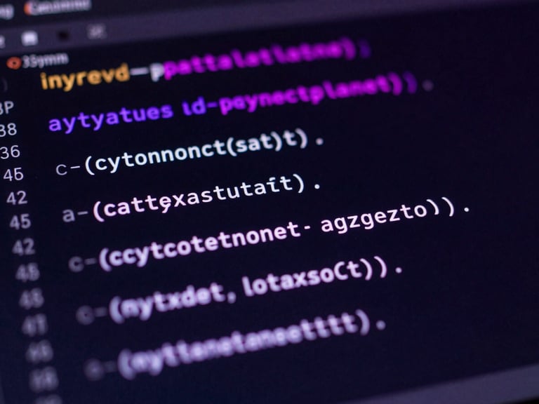 Macro shot of a dark-mode code editor displaying clean Python and LaTeX scripts, glowing violet and magenta neon highlights, sharp focus, 35mm