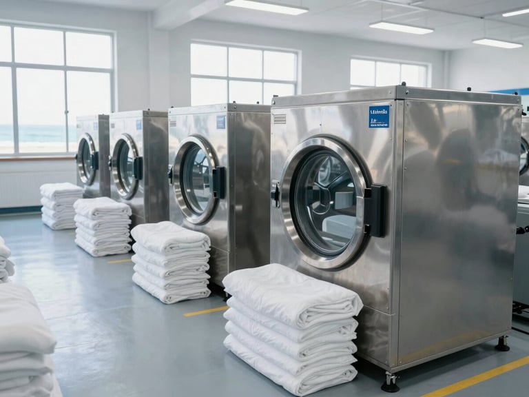 Wide-angle bright clean shot of an industrial laundry facility floor in La Estrella, with large stainless steel washing machines and neatly stacked white linens, daylight coming through high windows, 35mm.