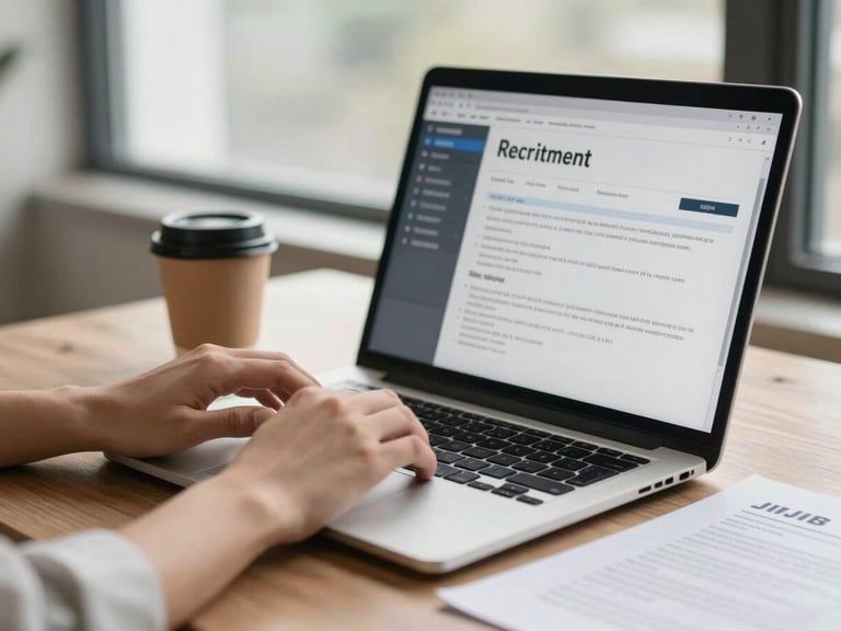 Close environmental frame, natural office window light — hands on a laptop keyboard with a recruitment management interface visible on screen, a coffee cup and printed job brief to the side; shallow depth of field, no faces, focus on the hands and the screen