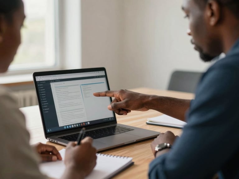 Close-up environmental shot, two African professionals seated at a meeting table, one pointing at a laptop screen showing a profile interface, the other taking notes in a notebook, overhead warm office lighting supplemented by natural window light from the left, hands and desk surface in sharp focus, faces partially in frame — candid work-in-progress moment, not staged