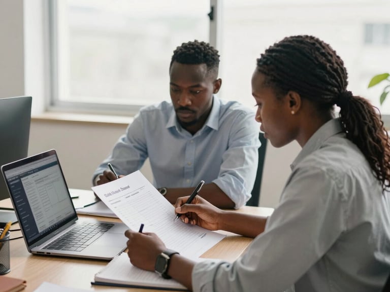 Wide environmental shot, diffused north-facing daylight — two African professionals at a shared table, one reviewing a printed candidate dossier while the other takes notes, a laptop open beside them showing a talent pipeline view; real office context, no staging