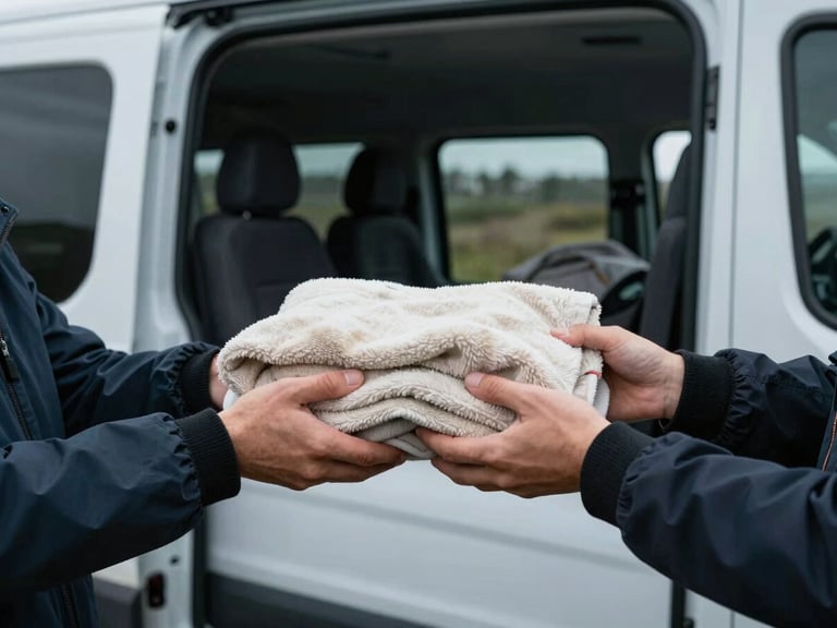 Hands passing a warm, folded blanket to another pair of hands, inside the mobile outreach van, natural overcast daylight, focus on connection.