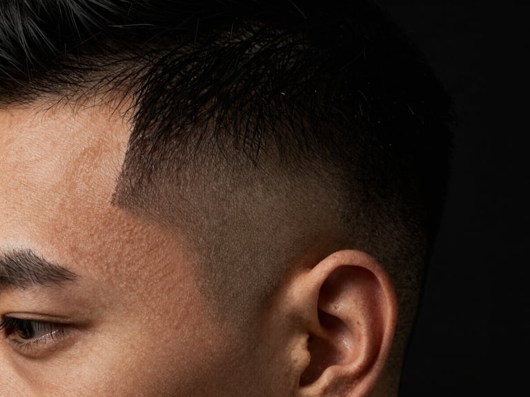 Macro close-up of a flawless high-contrast skin fade on a client, dramatic side-lighting, deep clean shadows, rich obsidian tones, 35mm