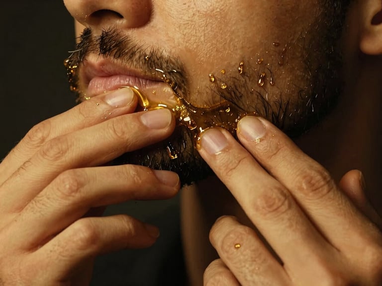 Macro close-up of hands applying rich golden beard oil to a dark, well-groomed beard, low-key dramatic lighting, warm gold tones, 35mm