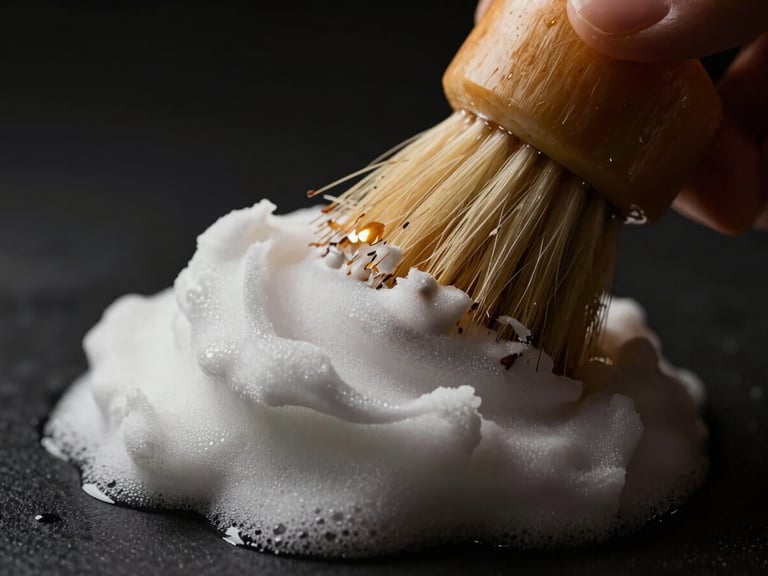 Dramatic close-up of textured rich shaving lather being applied with a brush, warm side-lighting, deep shadows, dark amber accents, 35mm