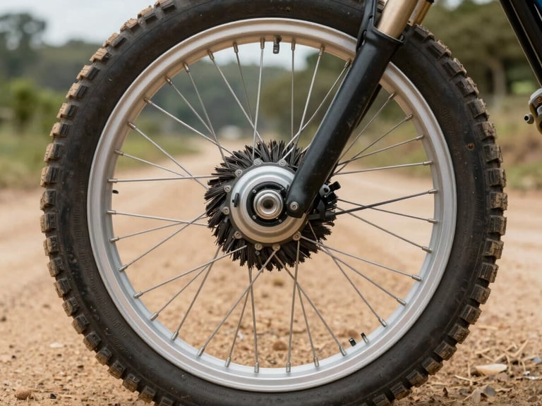Macro shot of a 24-inch aluminum double-wall spoked wheel with a heavy-duty brushless hub motor, dirt roads and mixed-use tire tread visible, 35mm lens.