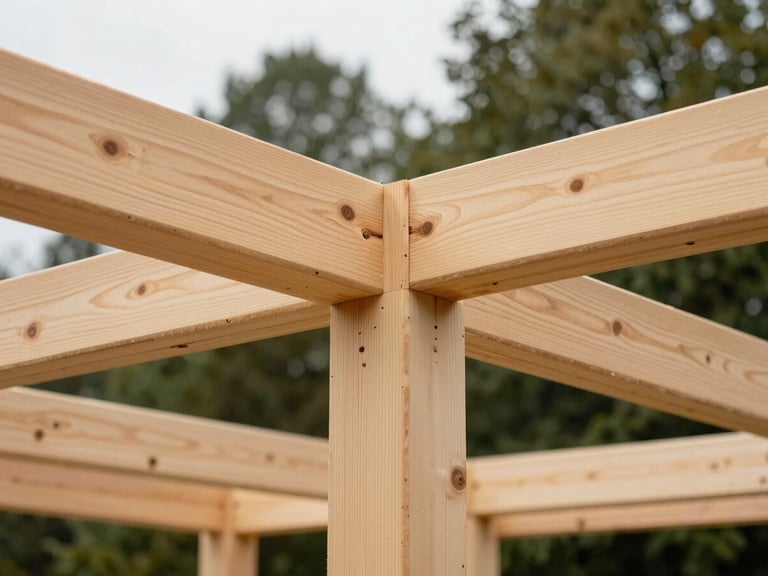 Close-up of the hand-joined structural reforestation wood cabin, showing precise carpentry joints and natural grain under overcast daylight, 35mm lens.