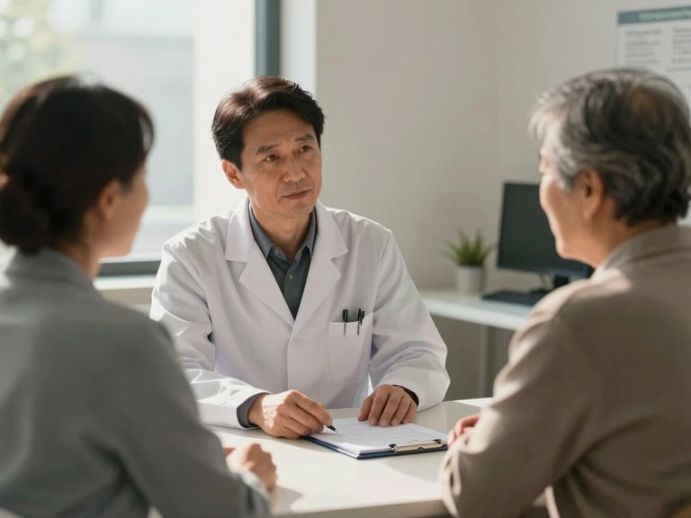Medium shot of a clinician and an older patient in quiet conversation across a consultation desk, patient notes visible on the surface, soft warm daylight from a side window, no harsh shadows, calm clinical interior