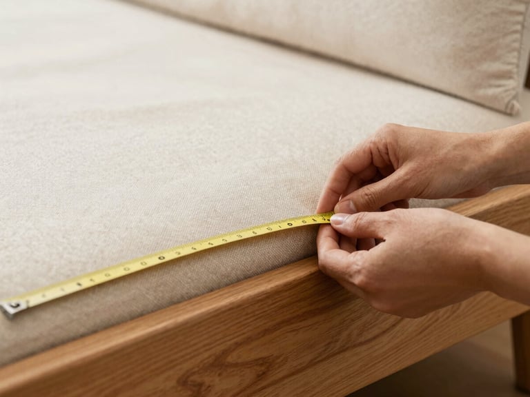 Close-up of hands measuring rich textured fabric over a sturdy solid wood sofa frame, soft diffused workshop lighting