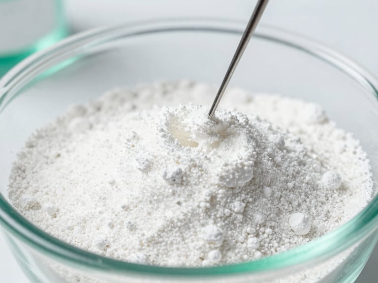 Macro shot of pure white botanical extract powder being measured in a sterile laboratory, bright clinical lighting, emerald green accents