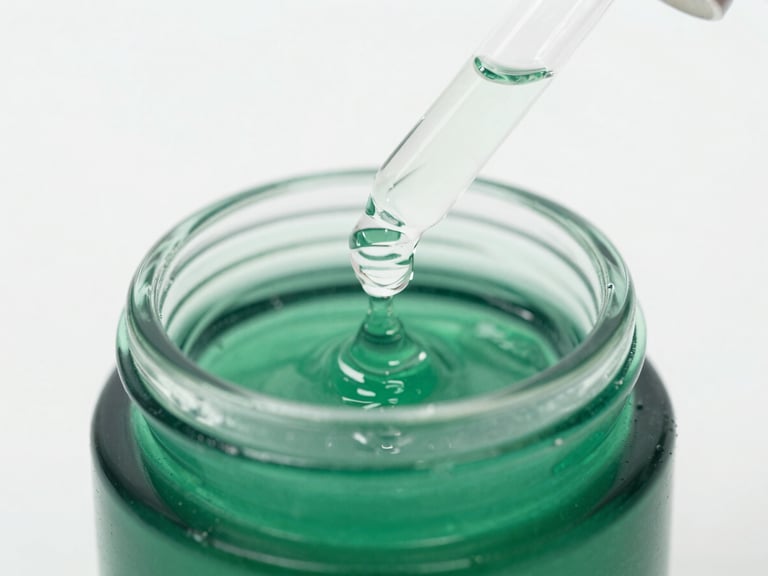 Close-up of a glass dropper dispensing clear viscous serum into an emerald green cosmetic jar, high-key laboratory lighting, sterile background