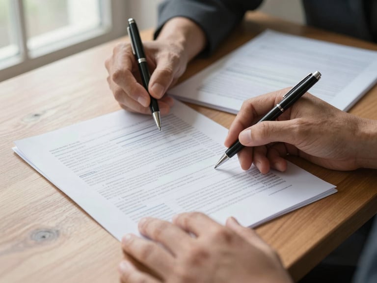 Close-up of hands carefully reviewing a multi-page financial document on a wooden desk, natural window light from the left, a pen held ready, papers organised and precise, no people's faces visible
