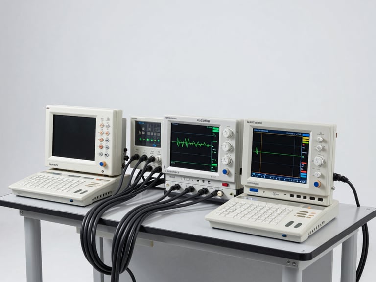 Sharp technical photograph of an industrial electrical testing laboratory, digital oscilloscopes displaying waveforms, heavy power cables connected to a testing rig, bright high-key lighting