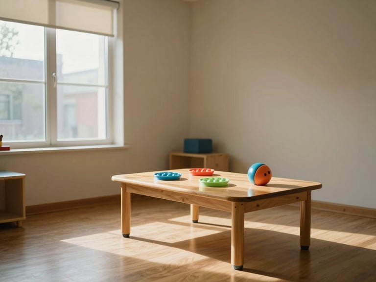 Wide view of a quiet pediatric therapy room interior, natural light from a side window casting soft shadows on a low wooden table with small sensory objects arranged on it, warm neutral walls, child-height perspective, no people present