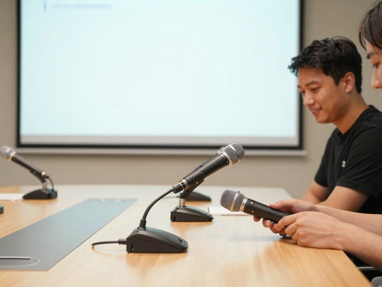 Modern audio equipment setup with microphones on a conference table, a clean projection screen in the background, professional AV technician checking connections, warm natural indoor light, optimistic and clear mood, 35mm