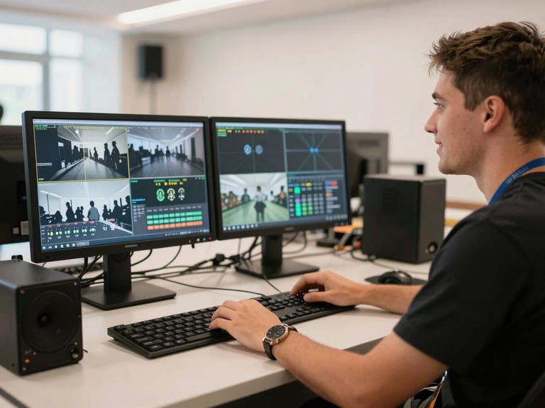 Professional AV technician monitoring sound levels and video feeds on a control panel during a live event, clean modern equipment, focused and calm expression, warm natural indoor light, optimistic and clear mood, 35mm