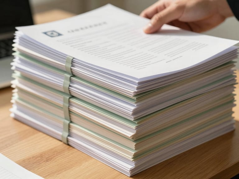 Stack of neatly organized official documents on a wooden desk, a person's hand reaching for one, bright natural daylight, sage green accents.