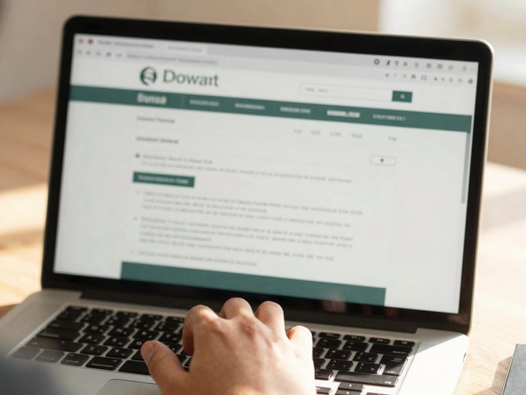 Person's hand navigating a government website on a laptop, screen showing a form, warm Spanish workspace, natural light, shallow depth of field.