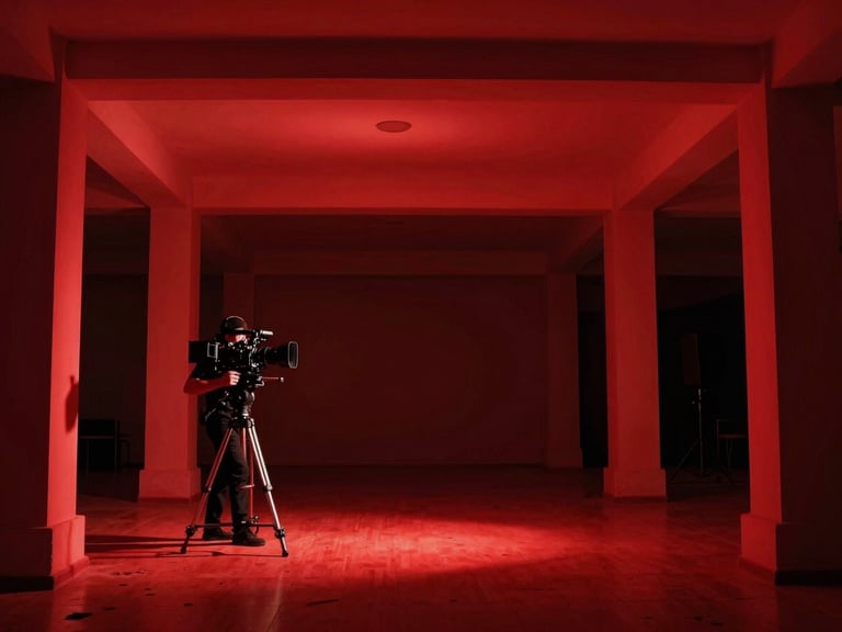 High-contrast behind-the-scenes glimpse of a video shoot, stark red lighting cutting through deep shadows, ultra-wide architectural framing.