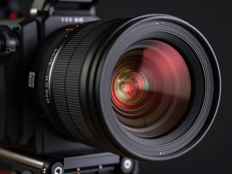 Extreme close-up of a high-contrast professional video camera lens reflecting intense red neon studio light, sharp mechanical details, deep black shadows, cinematic framing
