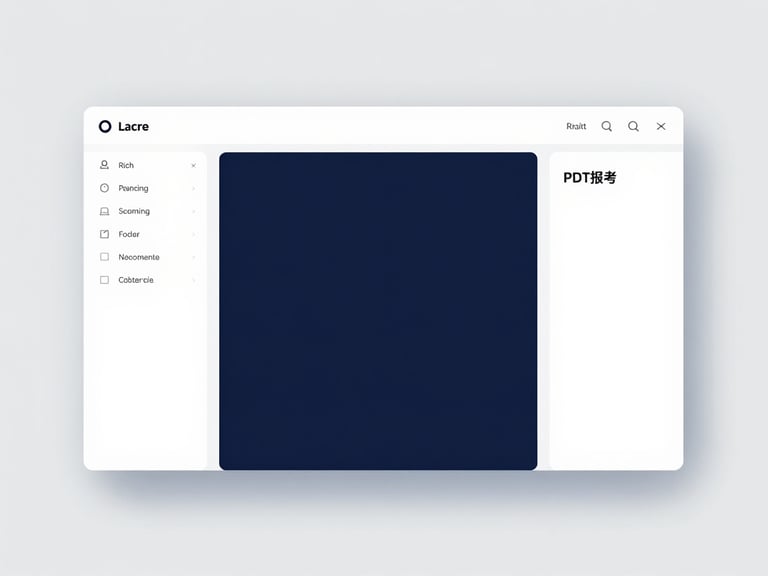 Minimalist software interface displaying a split screen: a rich text document editor on the left, and an uploaded PDF reference panel on the right, clean studio light, corporate navy tones
