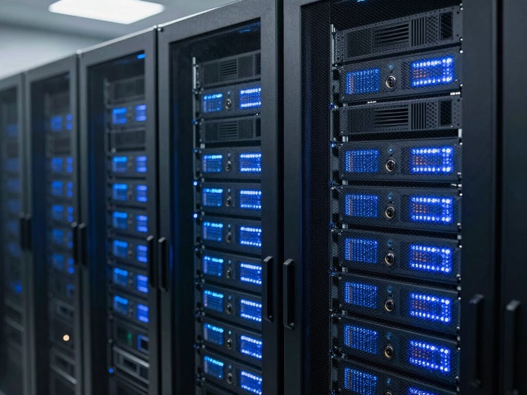 Close-up of organized blue LED server racks in a modern Noida datacenter, sharp focus, 50mm