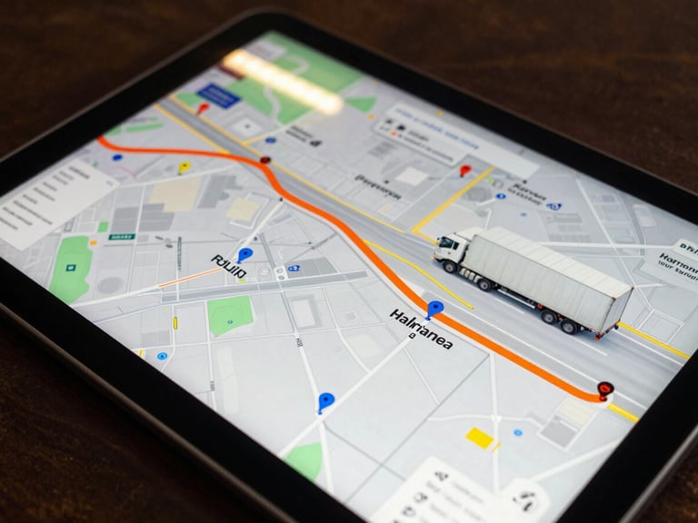 Close-up of a tablet screen showing a live GPS map with a truck route highlighted in orange, warehouse coordinates pinned, fluorescent warehouse lighting reflected on the screen surface
