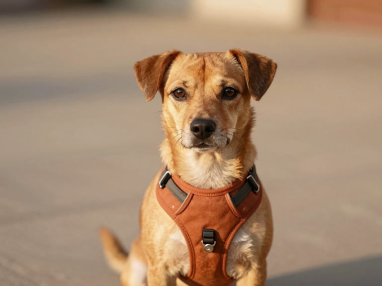 A beautiful small dog sitting calmly in soft golden-hour light, wearing a perfectly fitted terracotta harness, close-up, warm editorial style