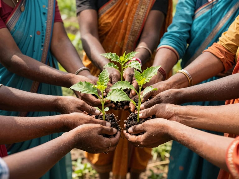Warm editorial daylight shot of hands of rural Indian women holding fresh green crop saplings together in a sunny field in Bihar, authentic community empowerment, 35mm lens